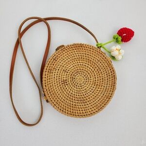 RATTAN Cross Body Brown Basket Weave Round HAND BAG PURSE = Unbranded